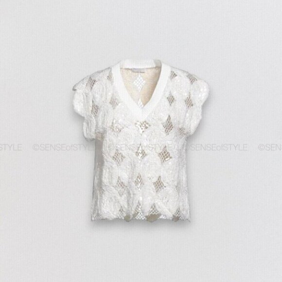 Brunello Cucinelli Top Shirt White Open Knit Women's Size M 42 - Picture 1 of 9